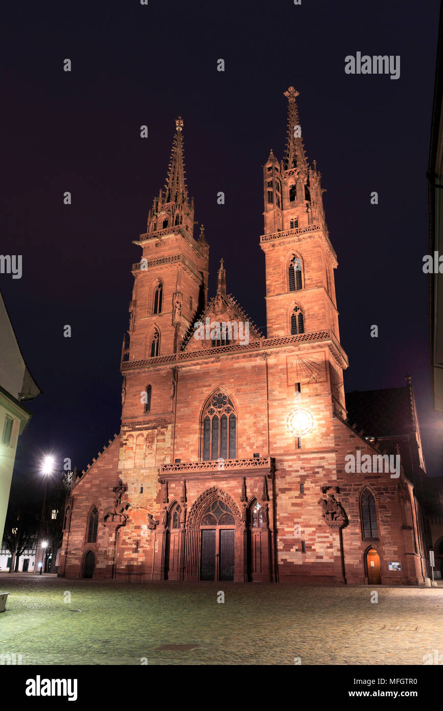 Dusk view of Basel Cathedral Munster, city of Basel, Canton Basel Stadt, Switzerland, Europe Stock Photo