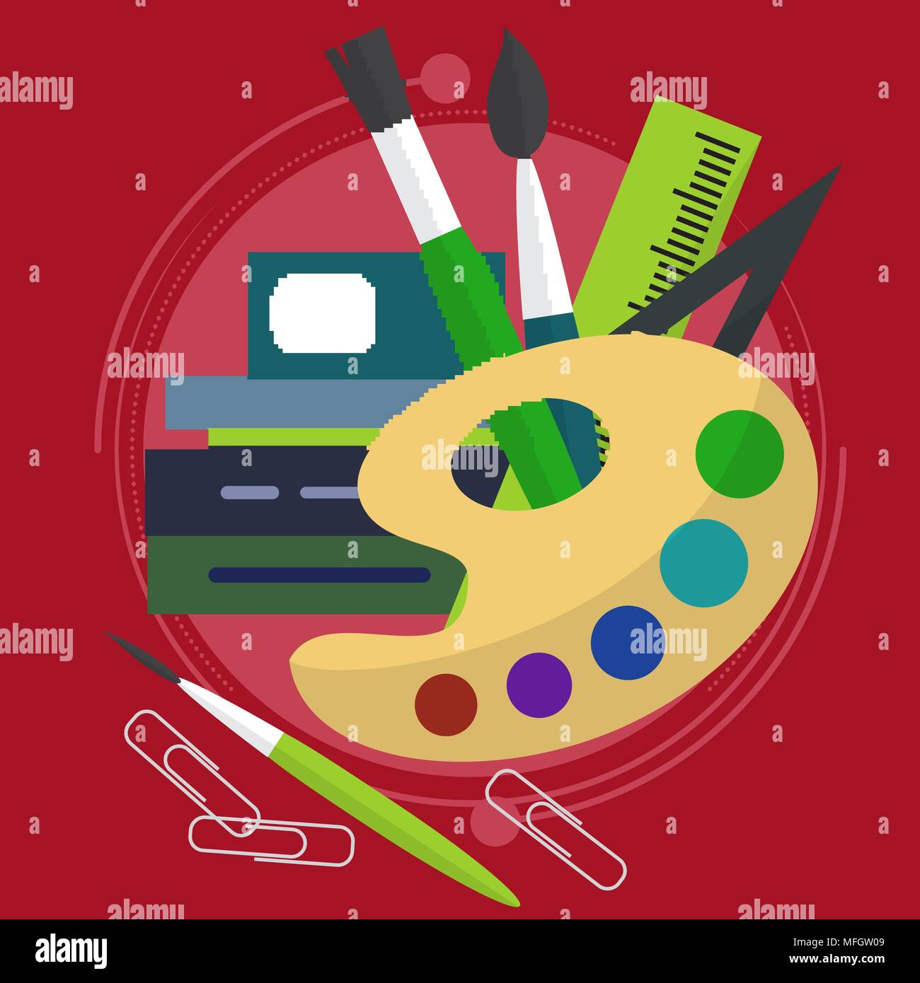 Chaotic spread the paint with brushes, books and paper clips as well as a line. Back to school. Drawing lesson. Vector illustration Stock Vector