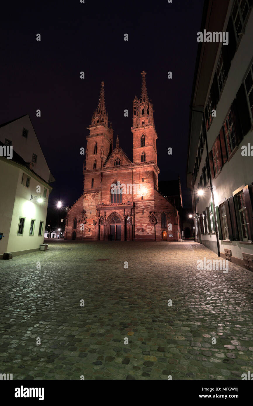 Dusk view of Basel Cathedral Munster, city of Basel, Canton Basel Stadt, Switzerland, Europe Stock Photo