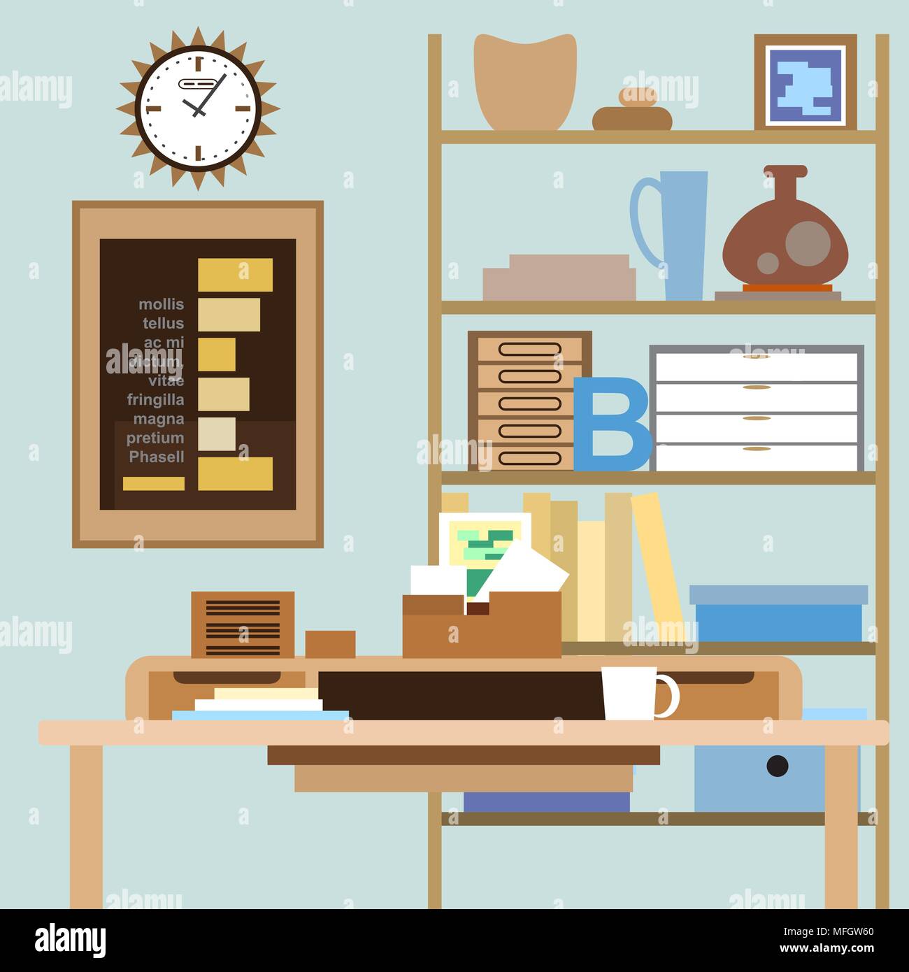 Workspace with a desk, shelves, boxes and other items. Vector
