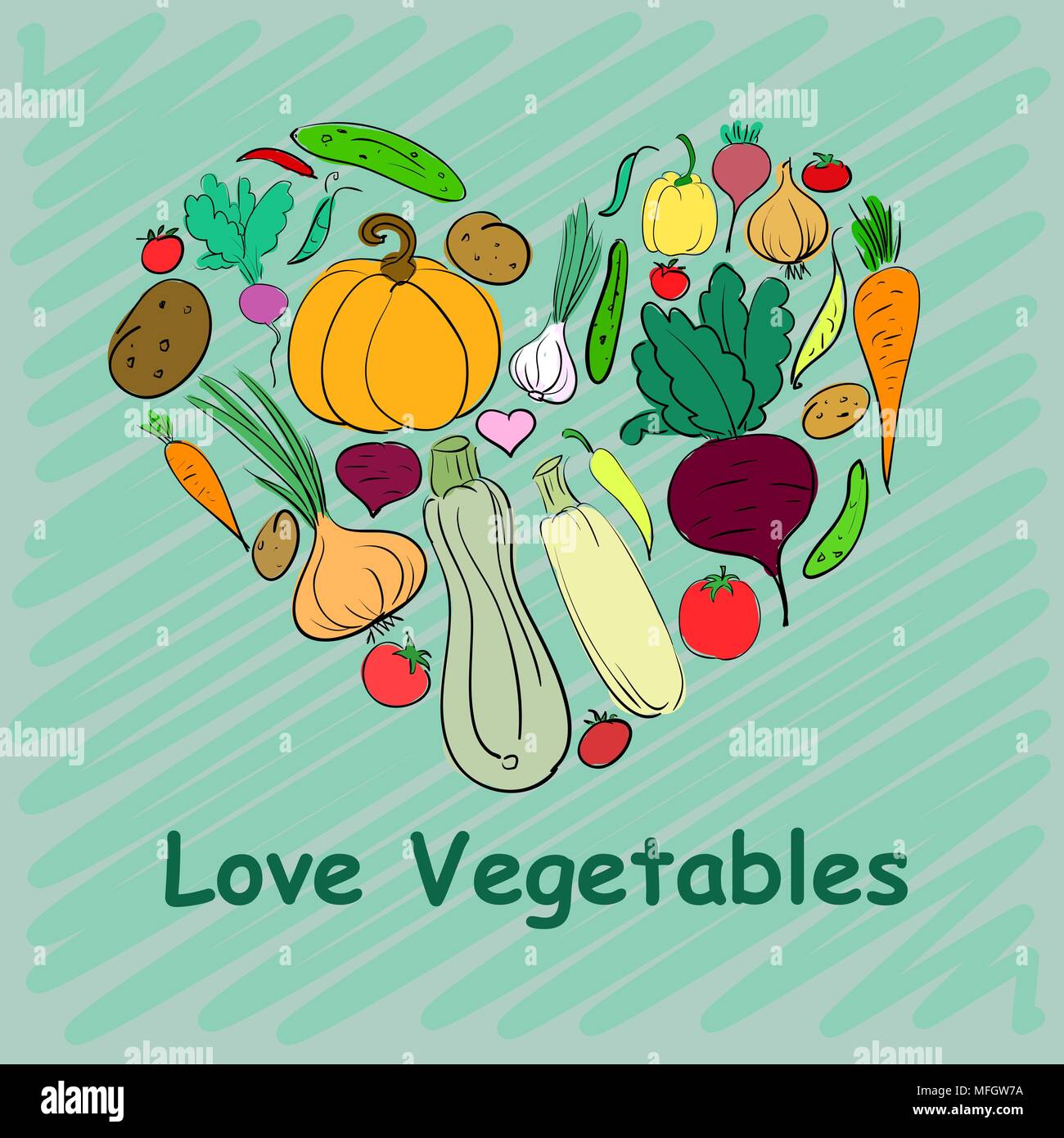 Set of vegetables hand-drawn in the form of heart for your advertising. Vector illustration Stock Vector