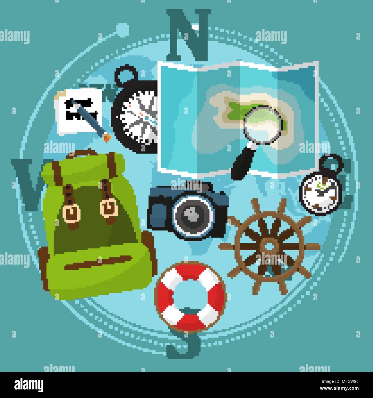 Set of travel accessories with backpack, compass, map and other items