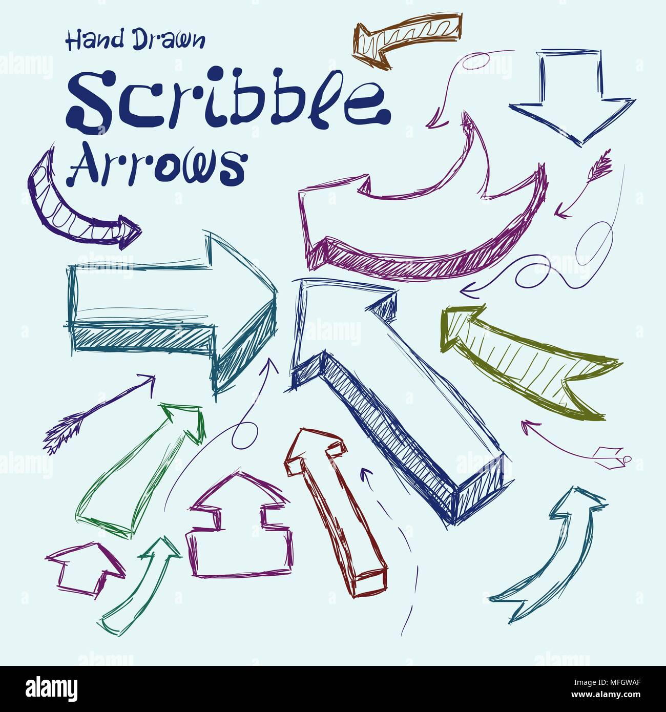 Set of scribble arrows hand-drawn on a light background. Vector illustration Stock Vector