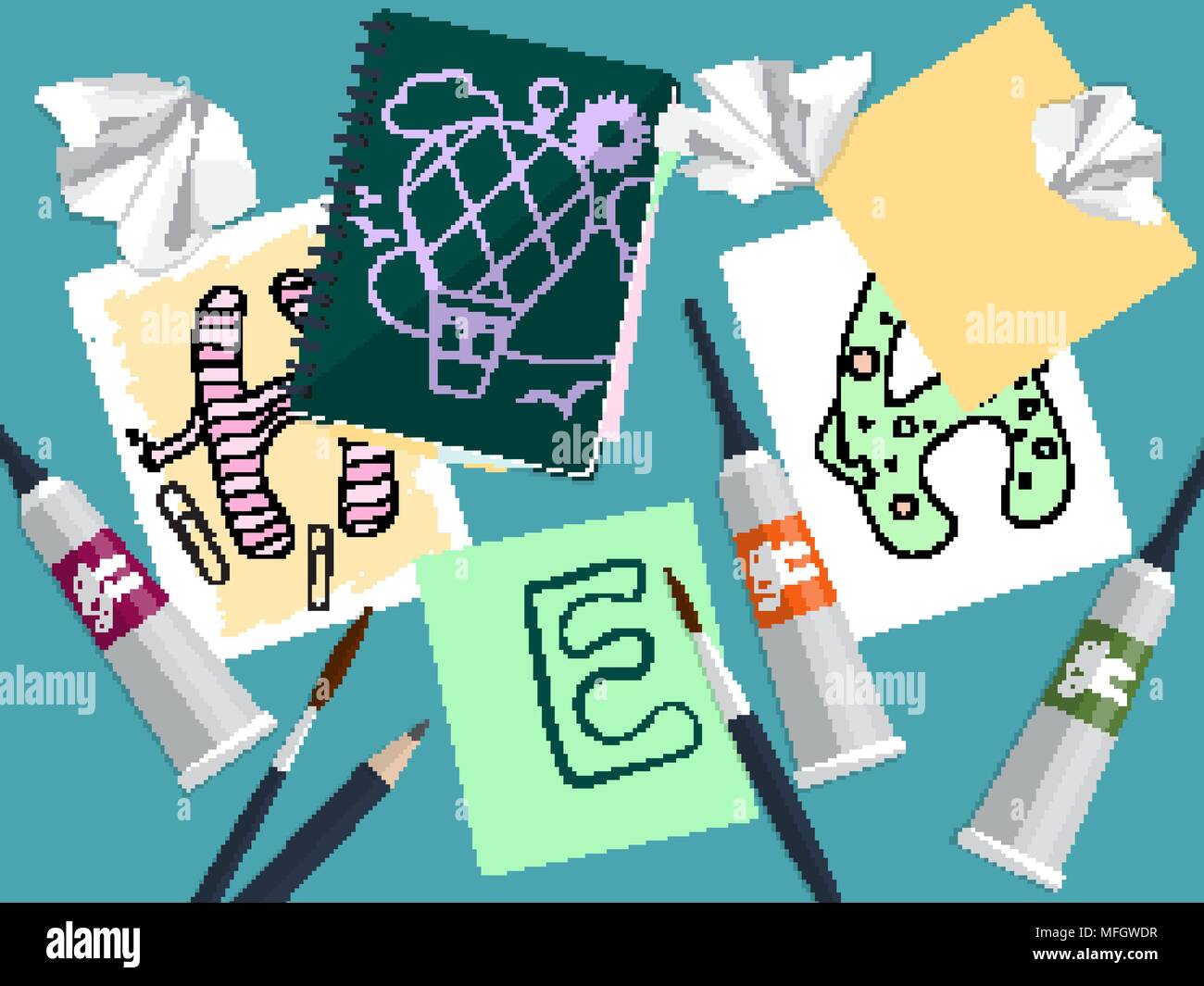 Set with notebook, drawings and art supplies on the table. Vector