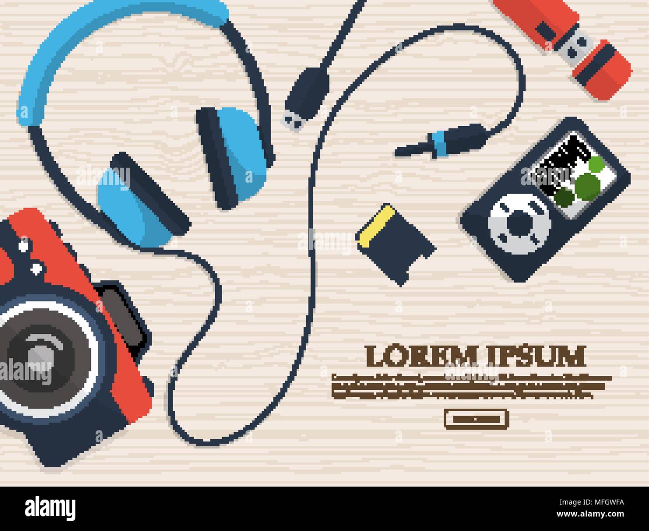 Set of gadget with photo camera, flash card and headphones on a table