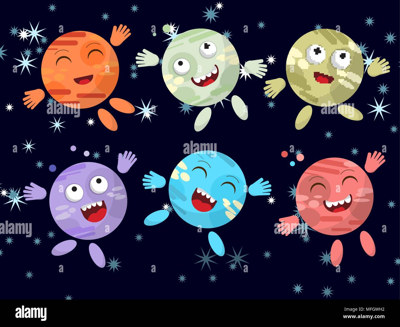 Set of funny cartoon planet on a dark background. Vector illustration Stock Vector