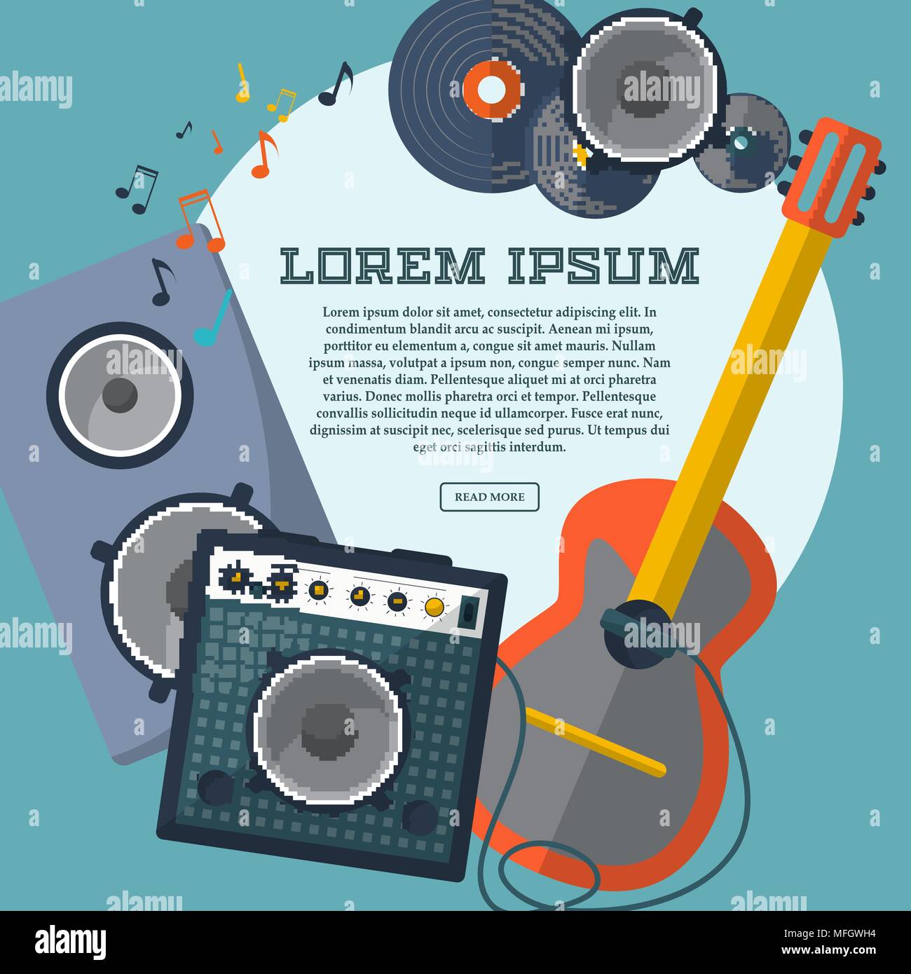 Set of guitar, combo amp, speaker, notes and records with space for your advertising. Frame. Vector illustration Stock Vector