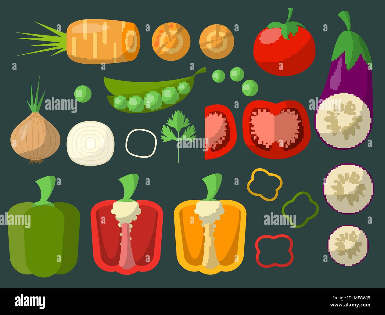 Set various whole and chopped vegetables Vector Image