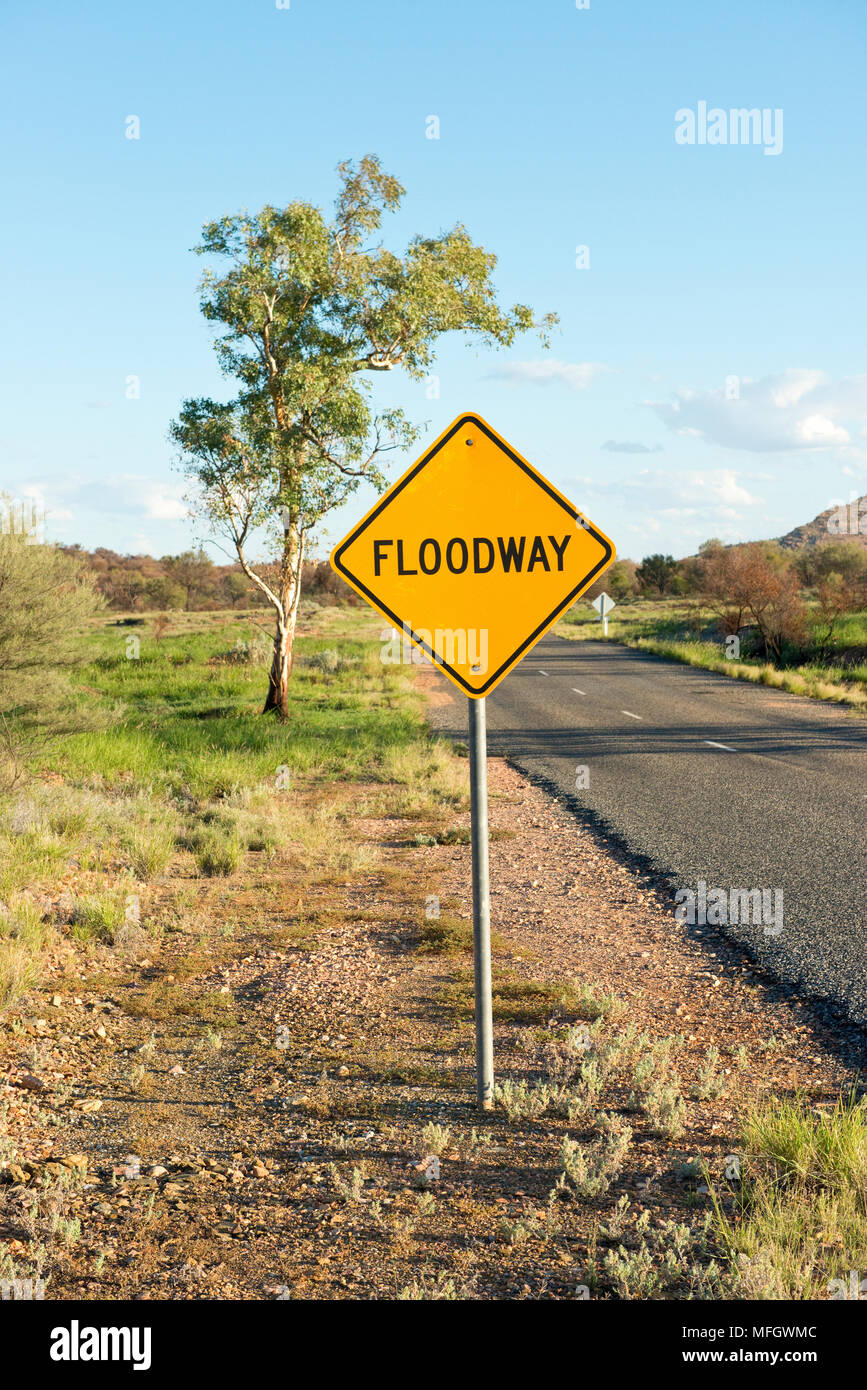 Fllodway sign of State Highway 6. West of Alice Springs Stock Photo