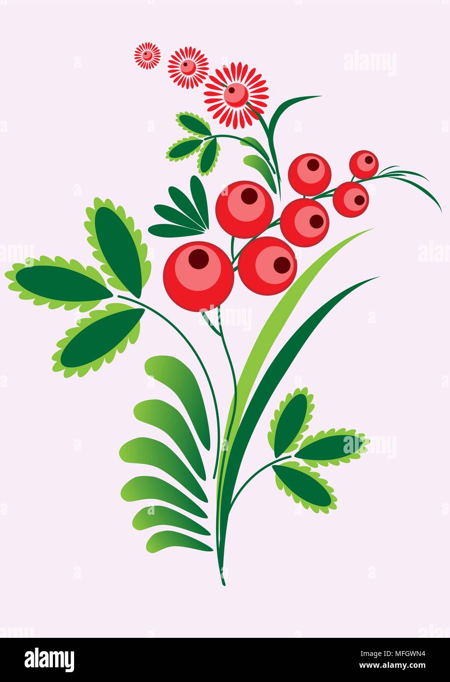 Rowan berries branch with berrie and leaves on white background. Vector illustration Stock Vector