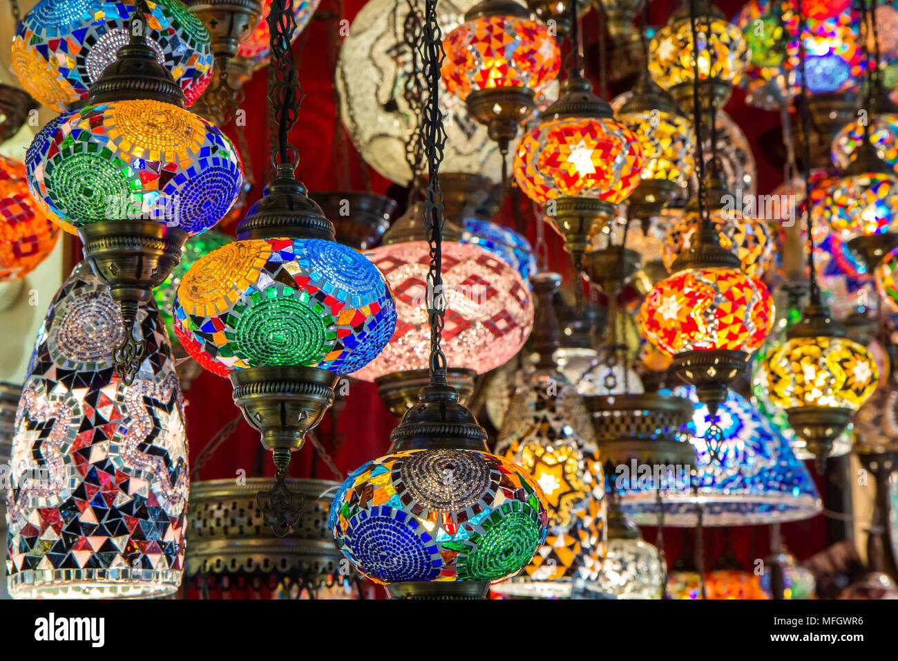 Multi-colored lamps hanging at the Grand Bazaar in Istanbul, Turkey Stock  Photo - Alamy