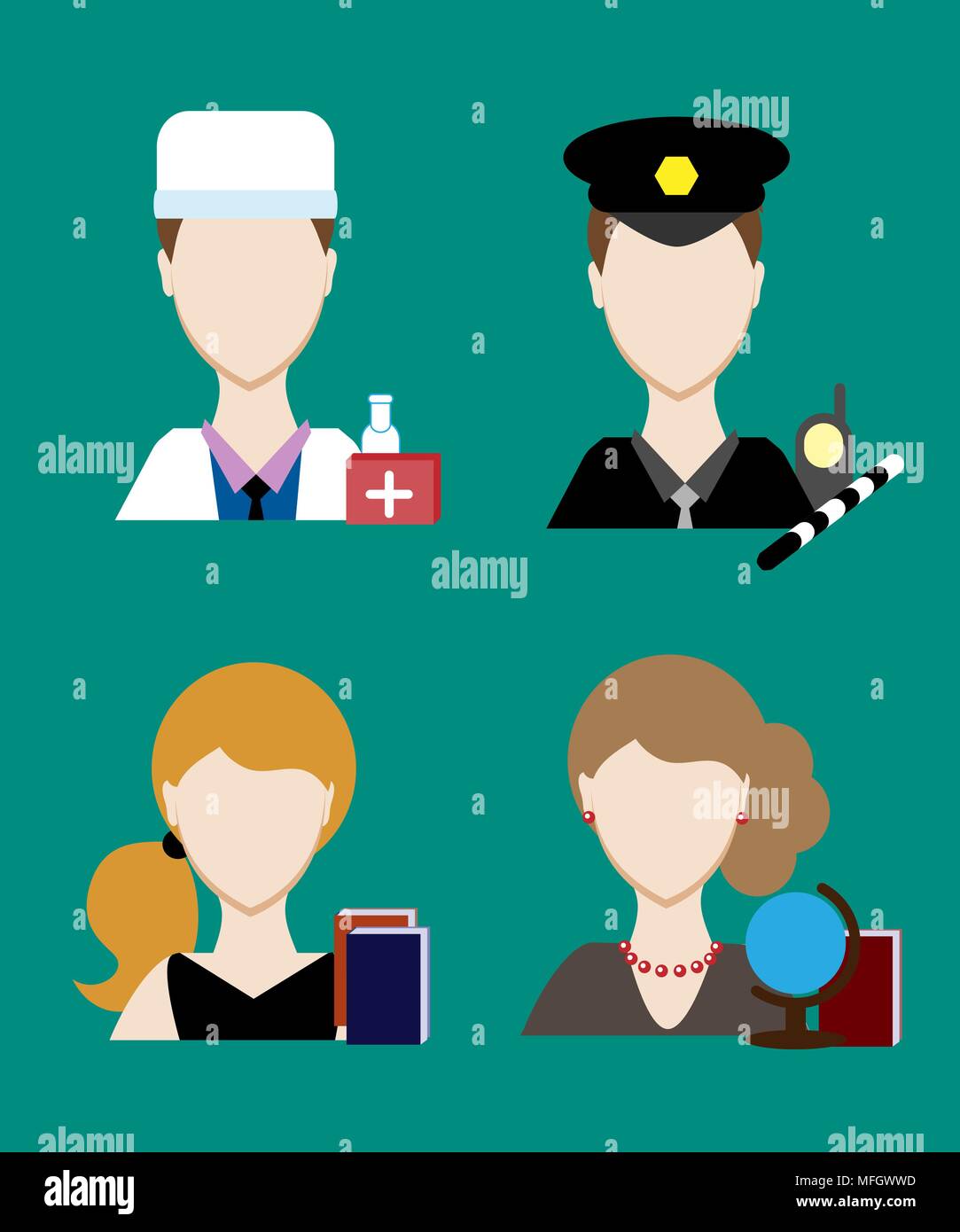 Profession people cop, doctor, Face men uniform. Avatars in flat design ...