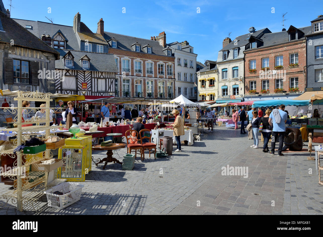 Flea Market (Brocante), Place Sainte Catherine, Honfleur, Calvados, Basse Normandie (Normandy), France, Europe Stock Photo