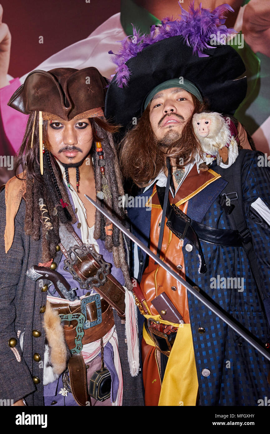 Japanese men dressed as Captain Jack Sparrow and Captain Barbossa from the Pirates of the Caribbean on Halloween in Shibuya, Tokyo, Japan, Asia Stock Photo