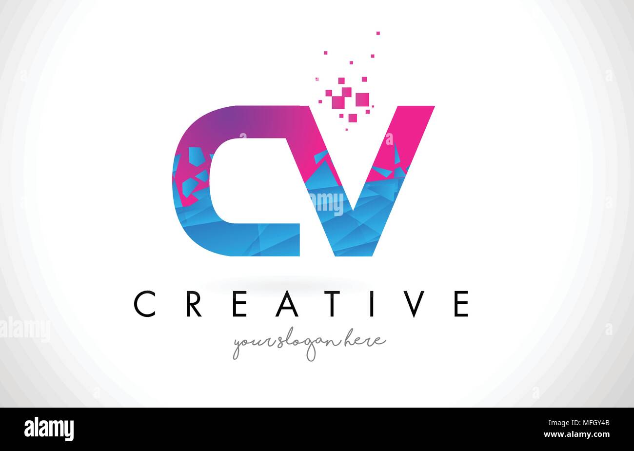 CV C V Letter Logo with Broken Shattered Blue Pink Triangles Texture ...