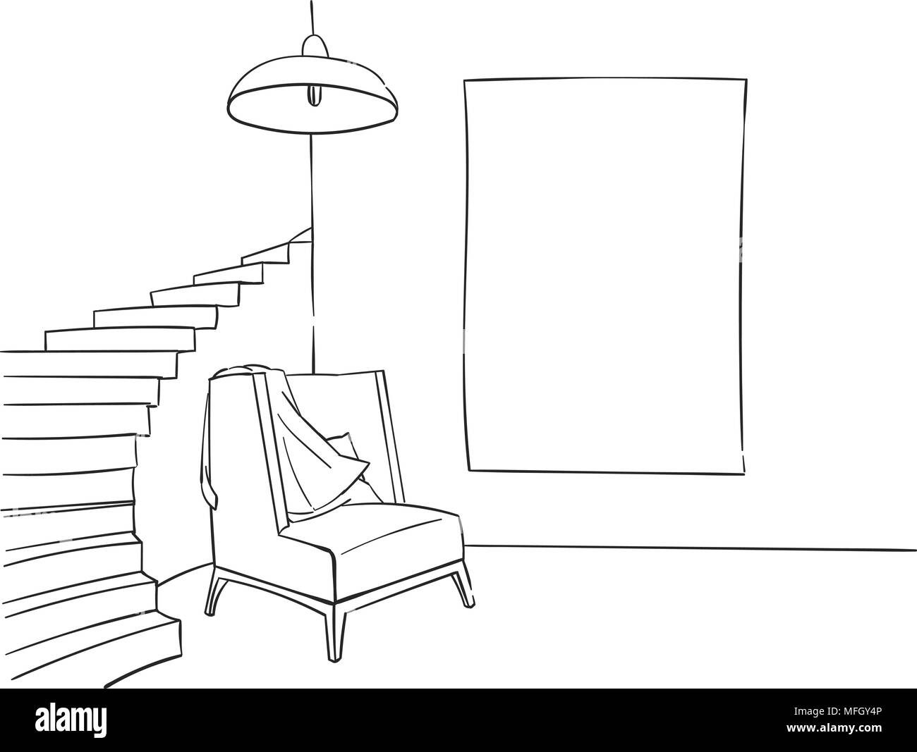 Sketchy illustration of hall interior in black and white, modern style Stock Vector