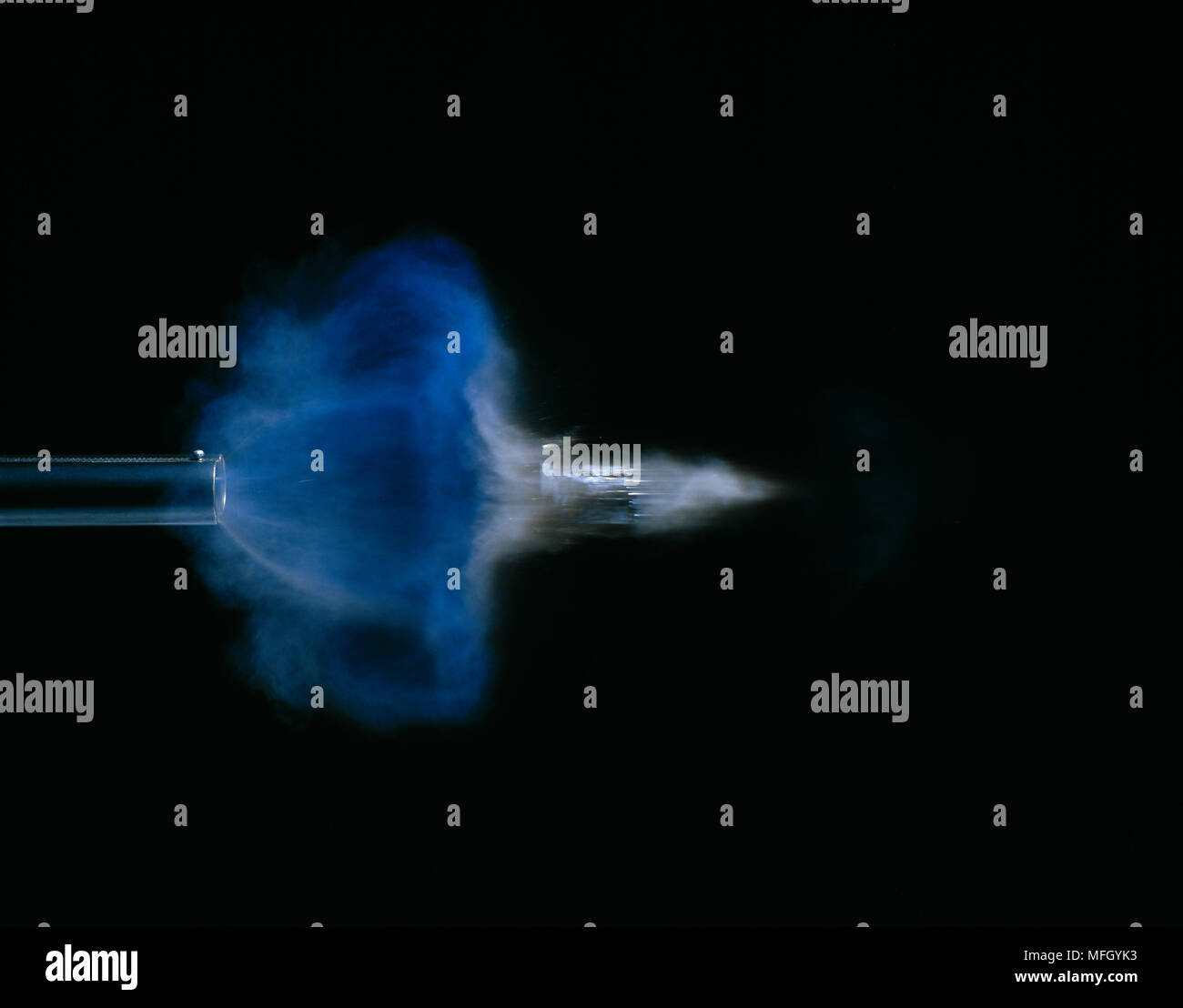 DISCHARGE OF TWELVEBORE SHOTGUN Picture taken 4 milliseconds after moment of detonation Stock