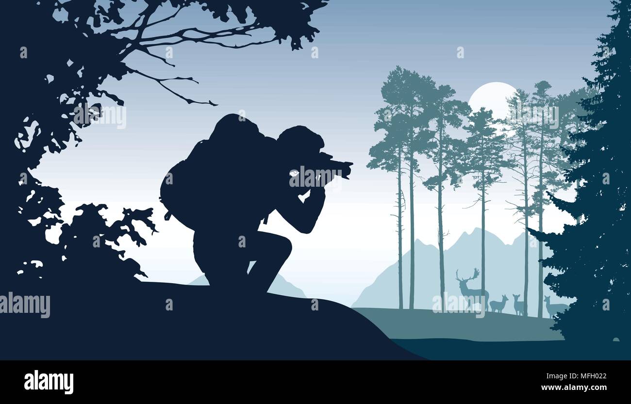 A tourist with a backpack photographing a herd of deer in a forest, with mountains in the background, under a gray sky with the sun - vector Stock Vector
