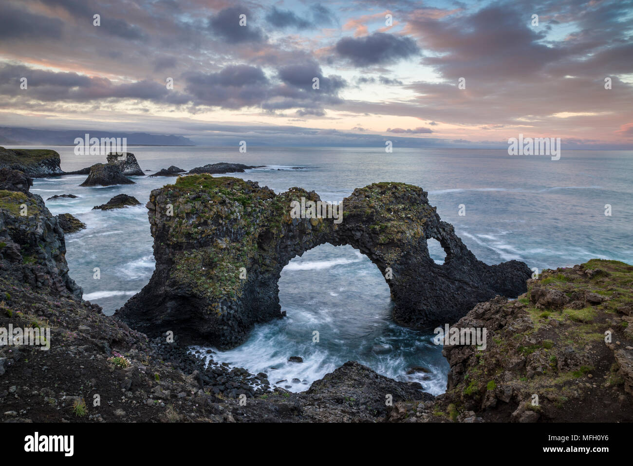 Rock formations, Arnarstapi, Snaefellsnes Peninsula, Iceland, Polar Regions Stock Photo