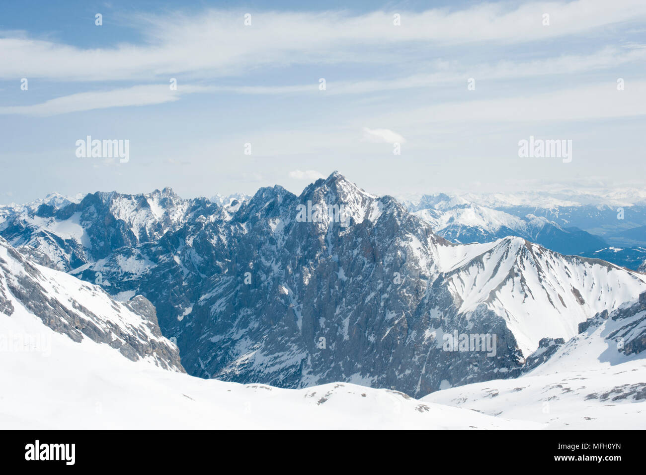 Alps mountain range viewed from Zugspitze, in Eastern Alps, which form part of the Wetterstein mountains,(German: Wettersteingebirge), Bavaria,Germany Stock Photo