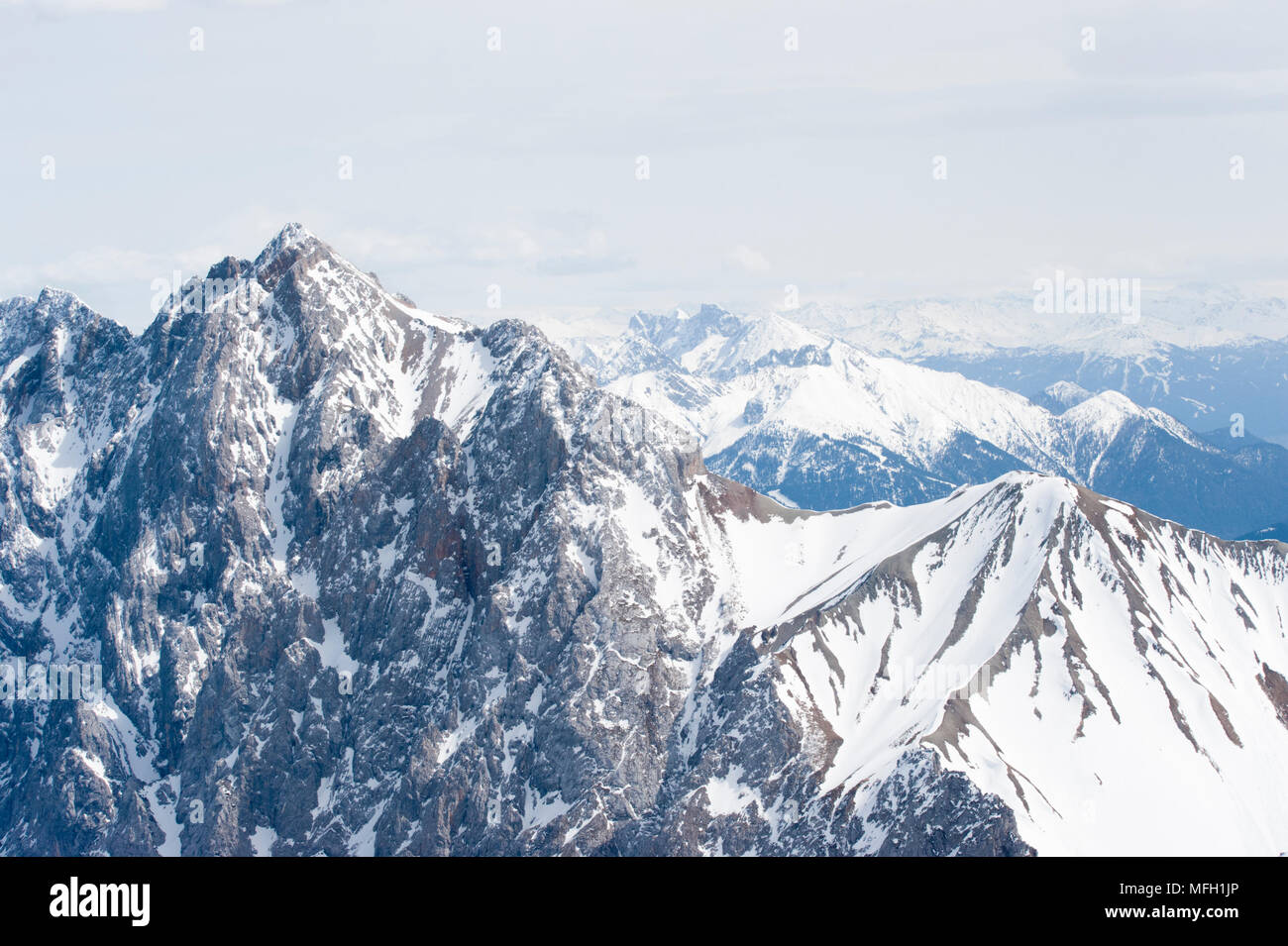 Alps mountain range viewed from Zugspitze, in Eastern Alps, which form part of the Wetterstein mountains,(German: Wettersteingebirge), Bavaria,Germany Stock Photo