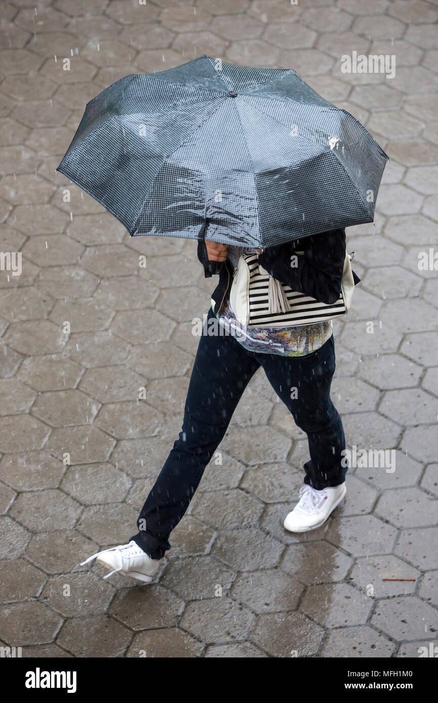 A woman runs in the rainy weather with her umbrella. Raining like cats ...