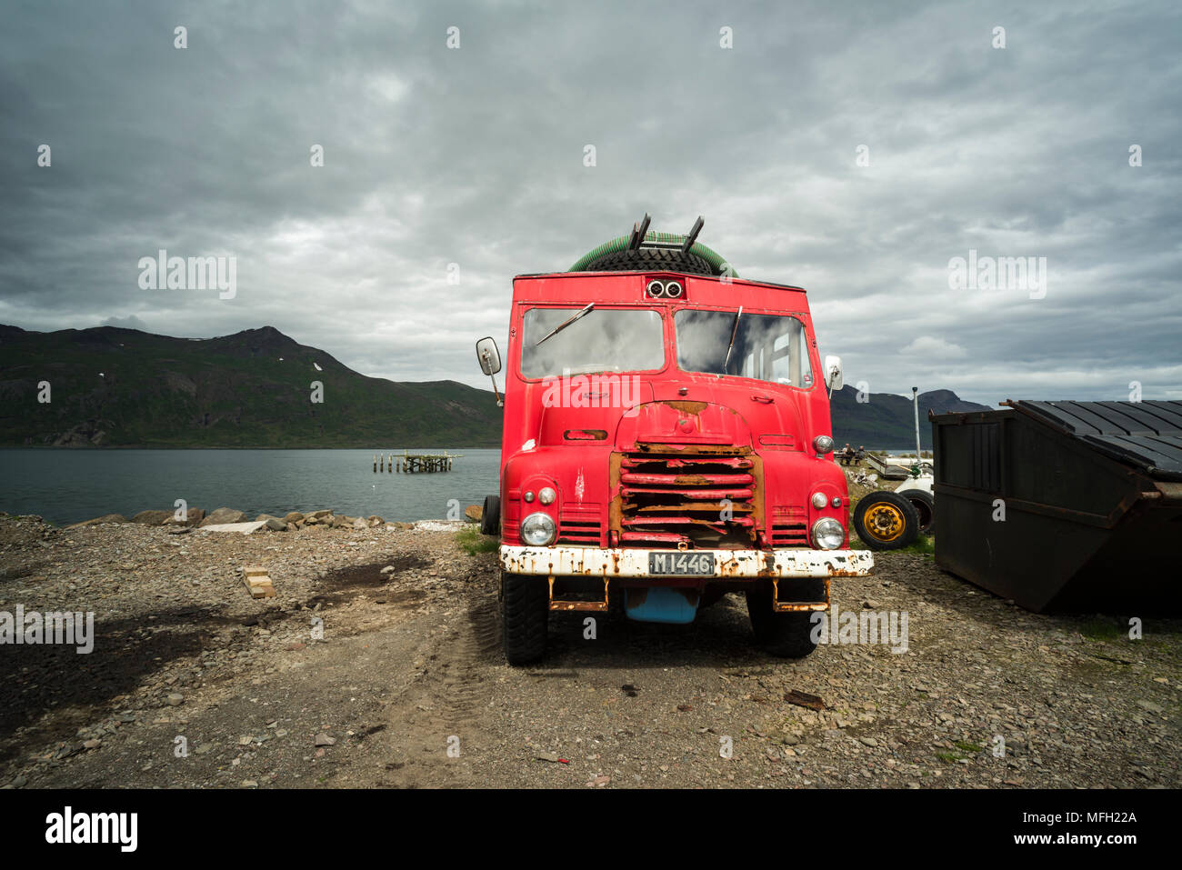 Old fire engine, Djupavik, Strandir Coast, Westfjords, Iceland, Polar Regions Stock Photo