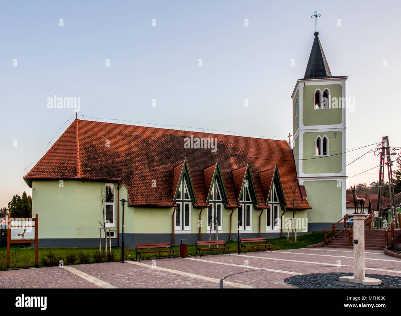A local attraction: The church of the Heart of Jesus, modern nave and old belfry, Heviz, Egregy village, Hungary Stock Photo