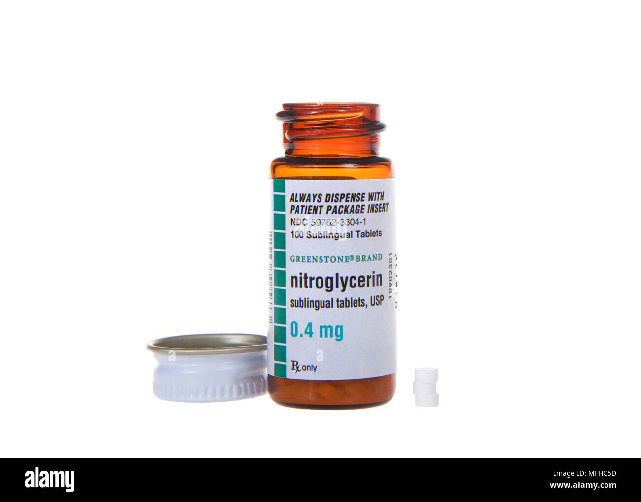 Alameda, CA - April 18, 2018: Bottle of Nitroglycerin tablets isolated on white with 3 pills next to bottle. Nitro is used to treat episodes of angina Stock Photo