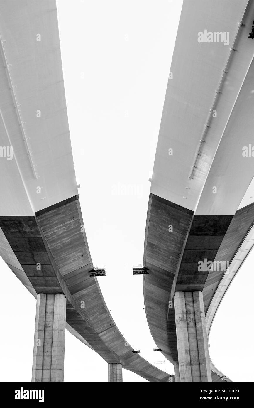 Parallel spans of the new San Francisco Oakland Bay Bridge skyway viaduct in California (Black & White) Stock Photo