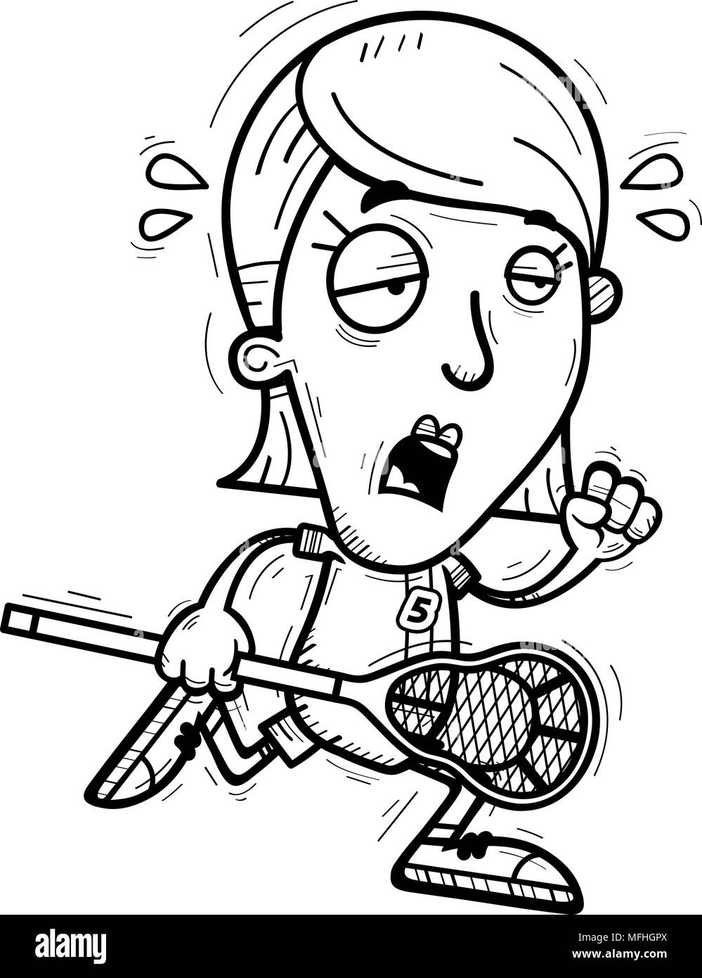 A cartoon illustration of a woman lacrosse player running and looking
