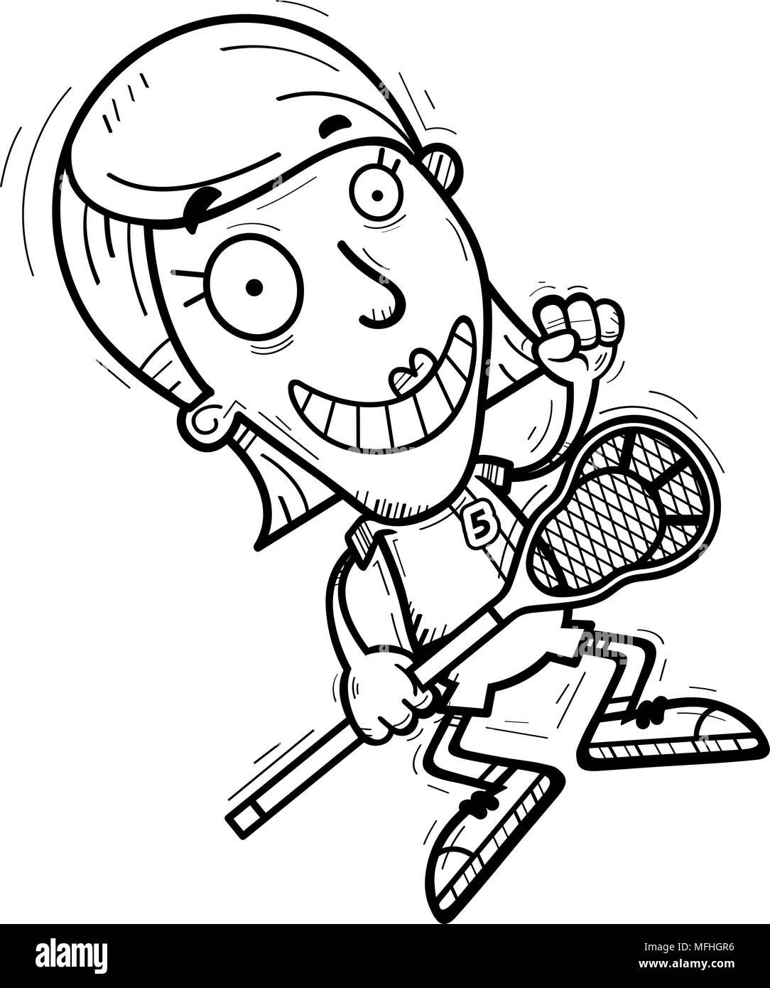 A cartoon illustration of a woman lacrosse player jumping Stock Vector
