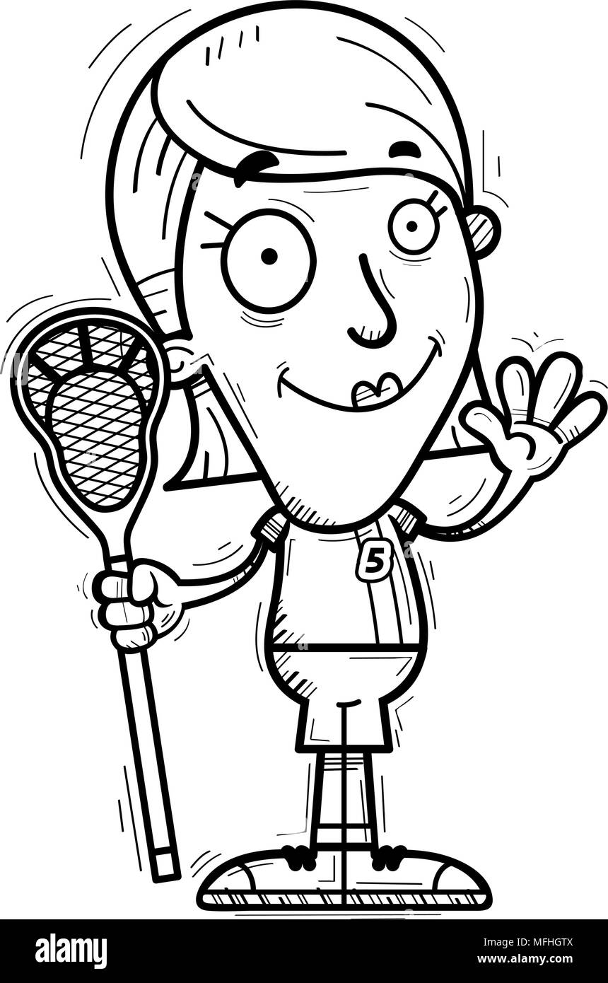 A cartoon illustration of a woman lacrosse player waving Stock Vector
