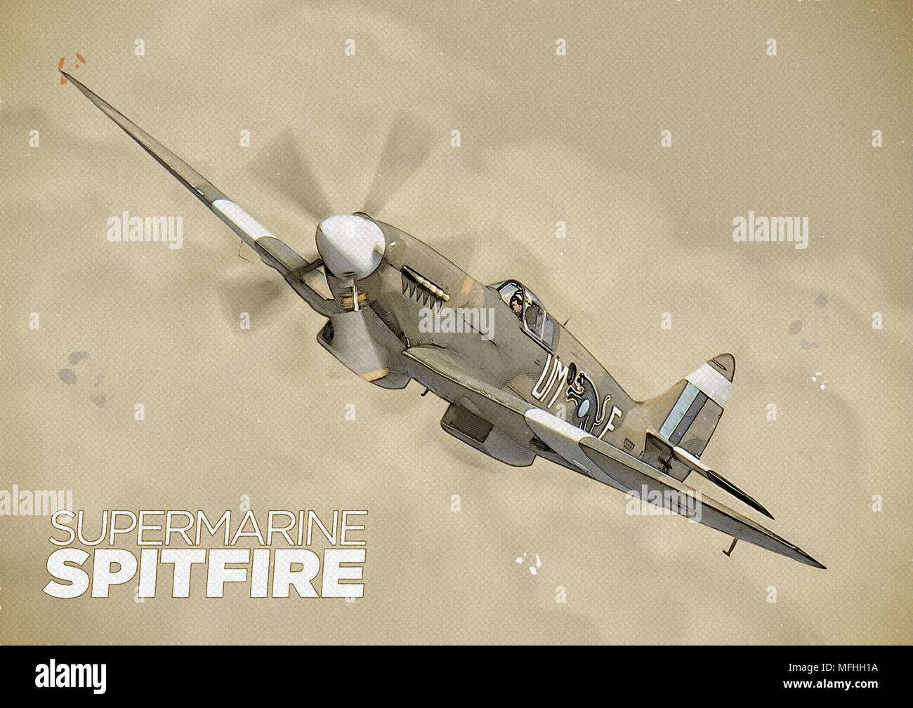 Mixed art style illustration of Spitfire XIX with Rolls Royce Griffon engine and 5-blade propeller Stock Photo