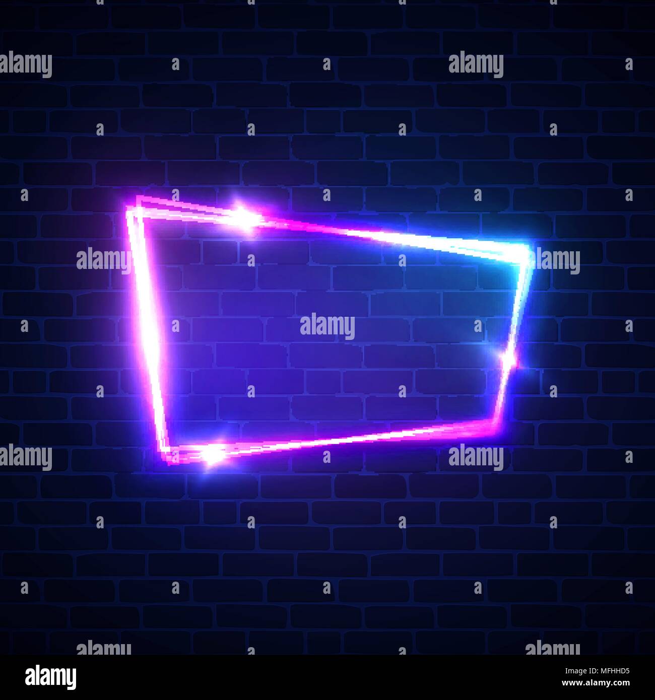 Night club neon sign on brick wall background. Blank 3d retro frame with shining neon lights. Disco show advertising street banner with glowing on brick texture. Color vector illustration in 80s style Stock Vector