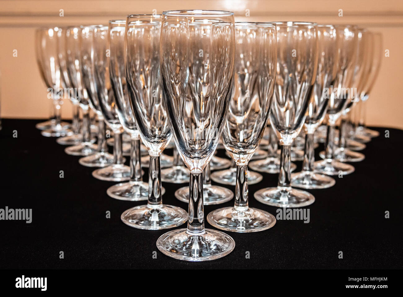 Rows of Champagne glasses Stock Photo