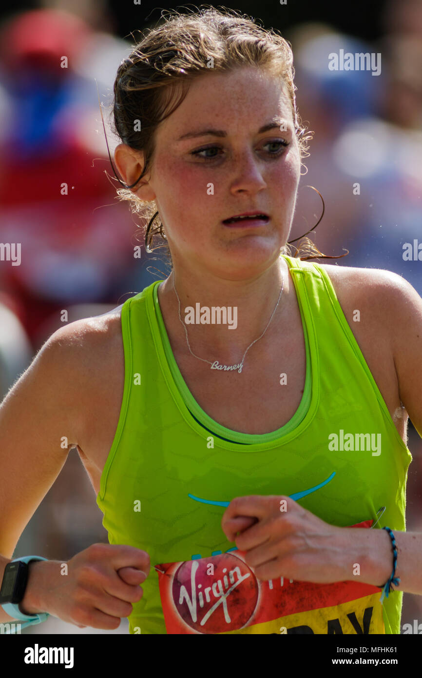 Rebecca Murray in her debut London Marathon finishes 12th overall and third British woman. Stock Photo