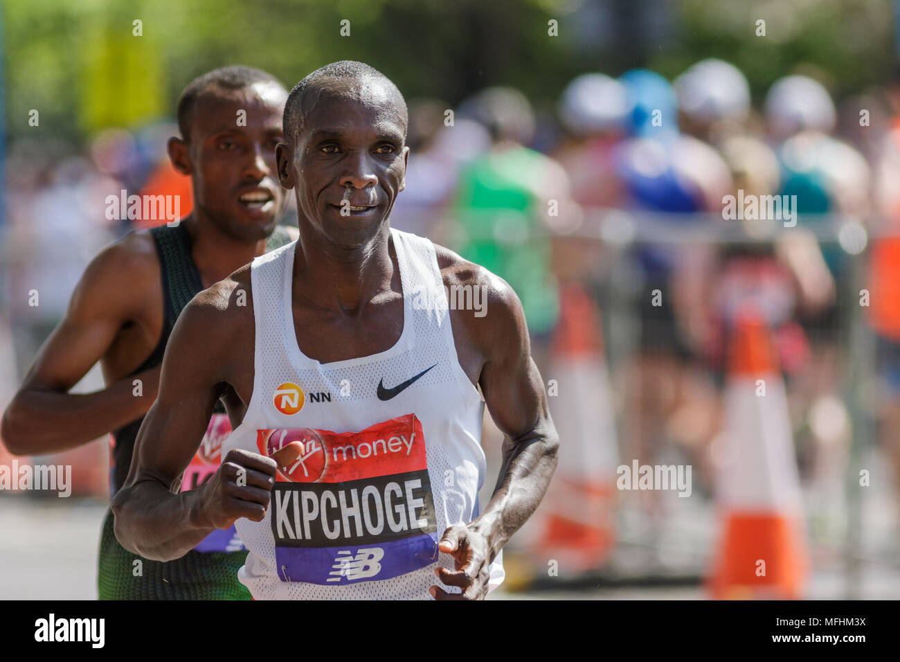 Winner of the Virgin Money London Marathon 2018. Eluid Kipchoge followed by second place finisher. Stock Photo