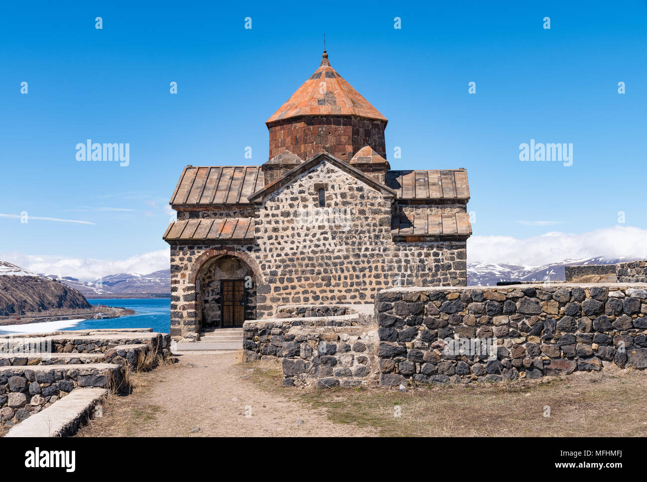 Sevan, Armenia - April 3, 2017: Historic Sevanavank monastery build in 9th century is a major tourist attraction in town of Sevan in Gegharkunik Provi Stock Photo