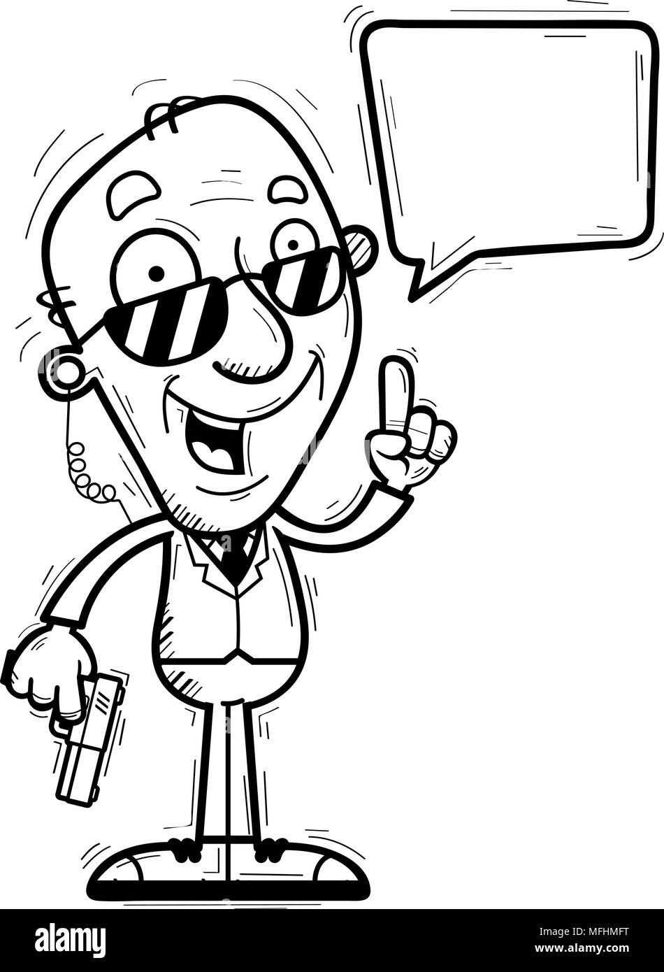 A cartoon illustration of a senior citizen man secret service agent talking. Stock Vector