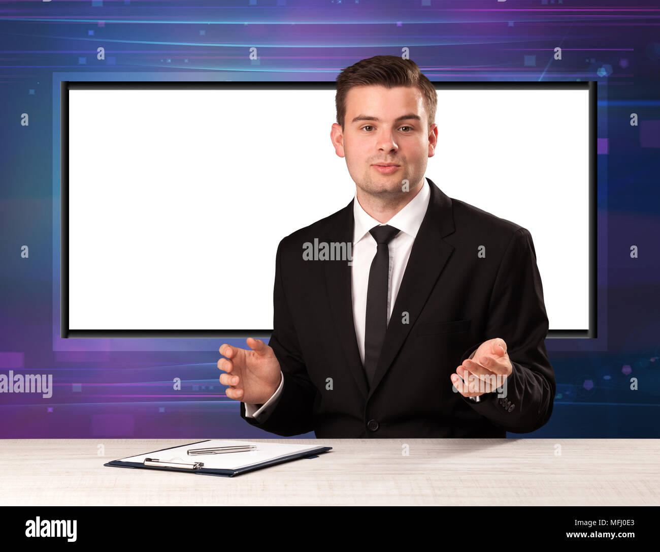 Television program host with big copy screen in his back concept Stock ...