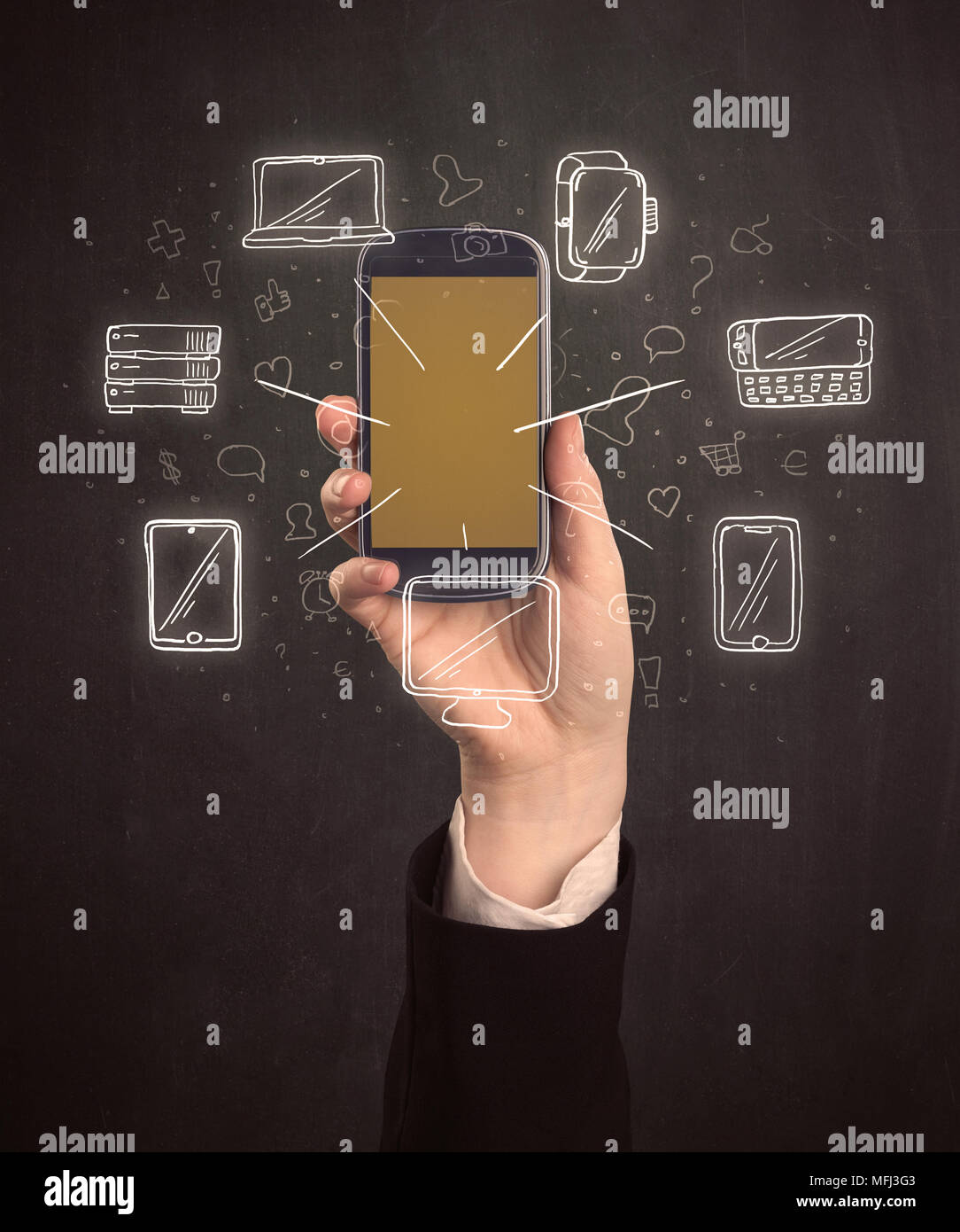 Caucasian hand in business suit holding a smartphone with hand-drawn ...