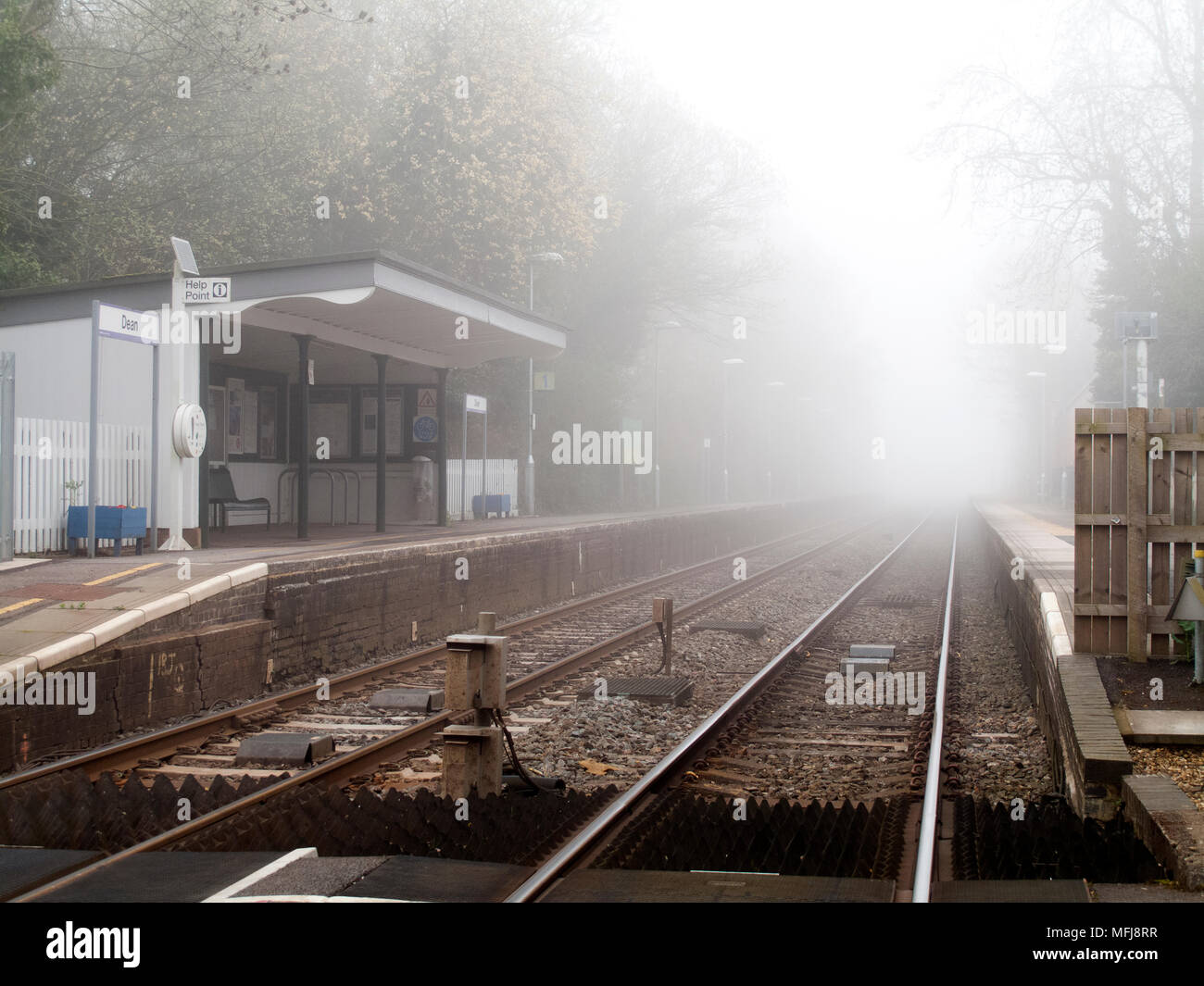 West Dean railway Station, early misty spring morning, located on the