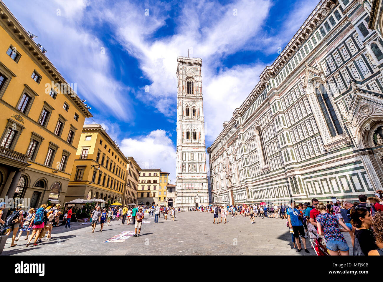 Giotto's bell tower, also known as the Campanile is part of the Cattedrale di Santa Maria del Fiore, or Florence Cathedral in Florence, Italy. Stock Photo