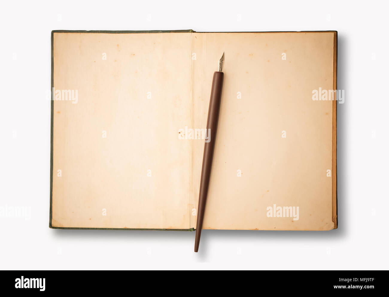 Blank brown old paper with ink pen isolated on white background Stock Photo