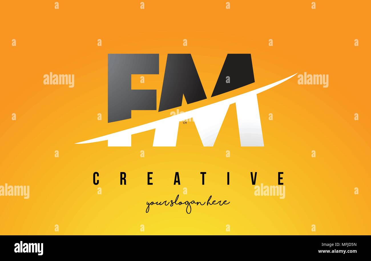FM F M Letter Modern Logo Design with Swoosh Cutting the Middle Letters and Yellow Background. Stock Vector