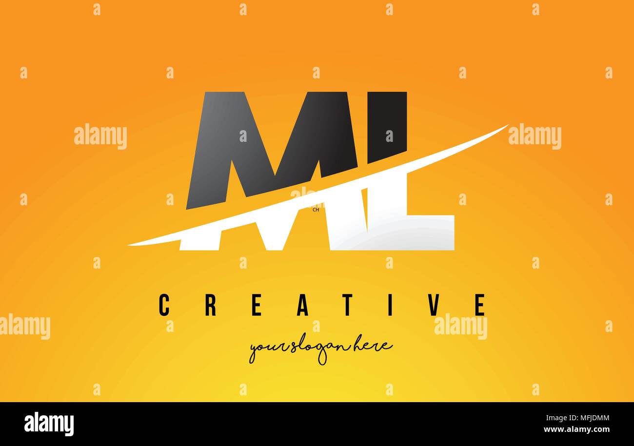ML M L Letter Modern Logo Design with Swoosh Cutting the Middle Letters and Yellow Background. Stock Vector