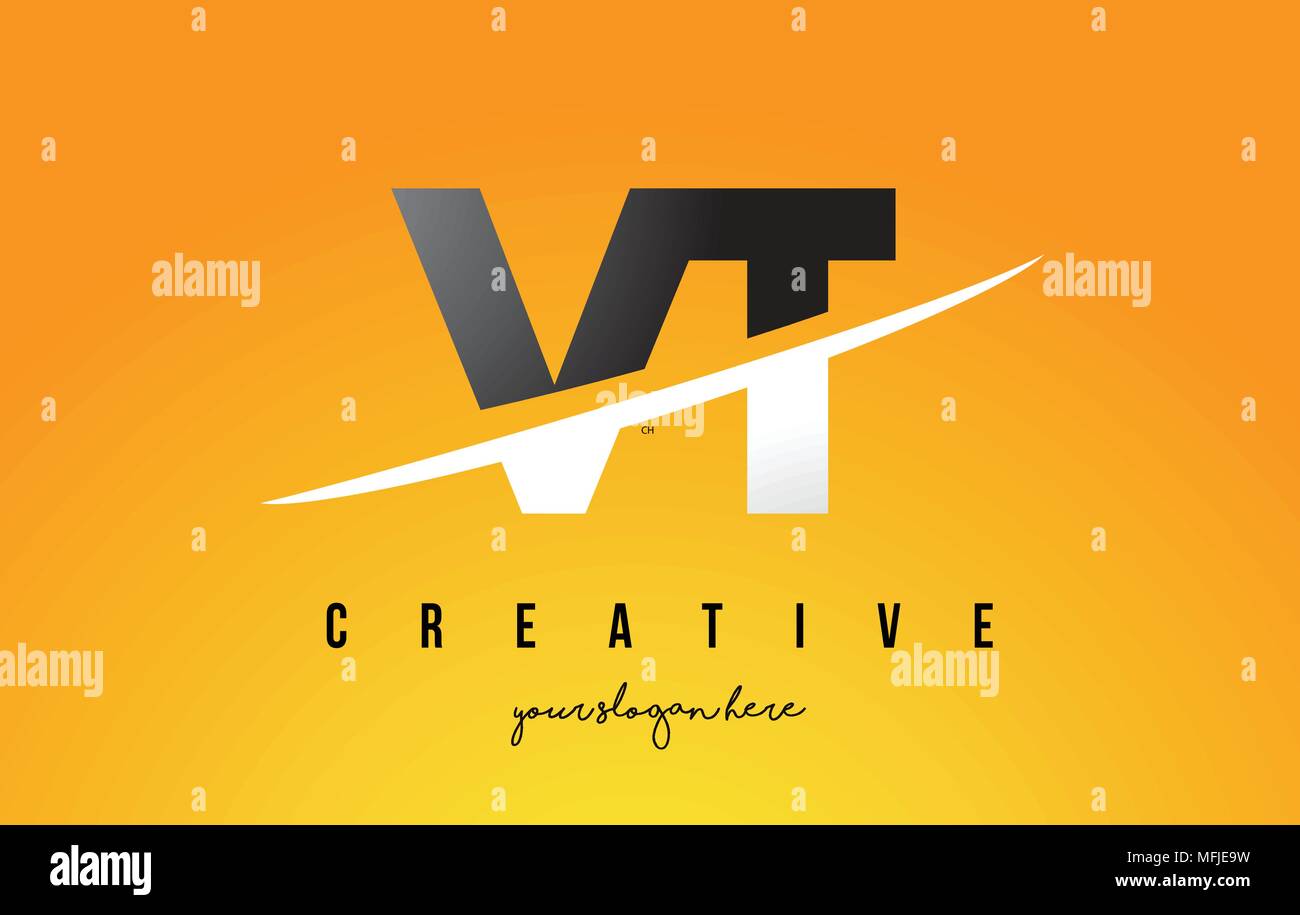 VT V T Letter Modern Logo Design with Swoosh Cutting the Middle Letters and Yellow Background. Stock Vector