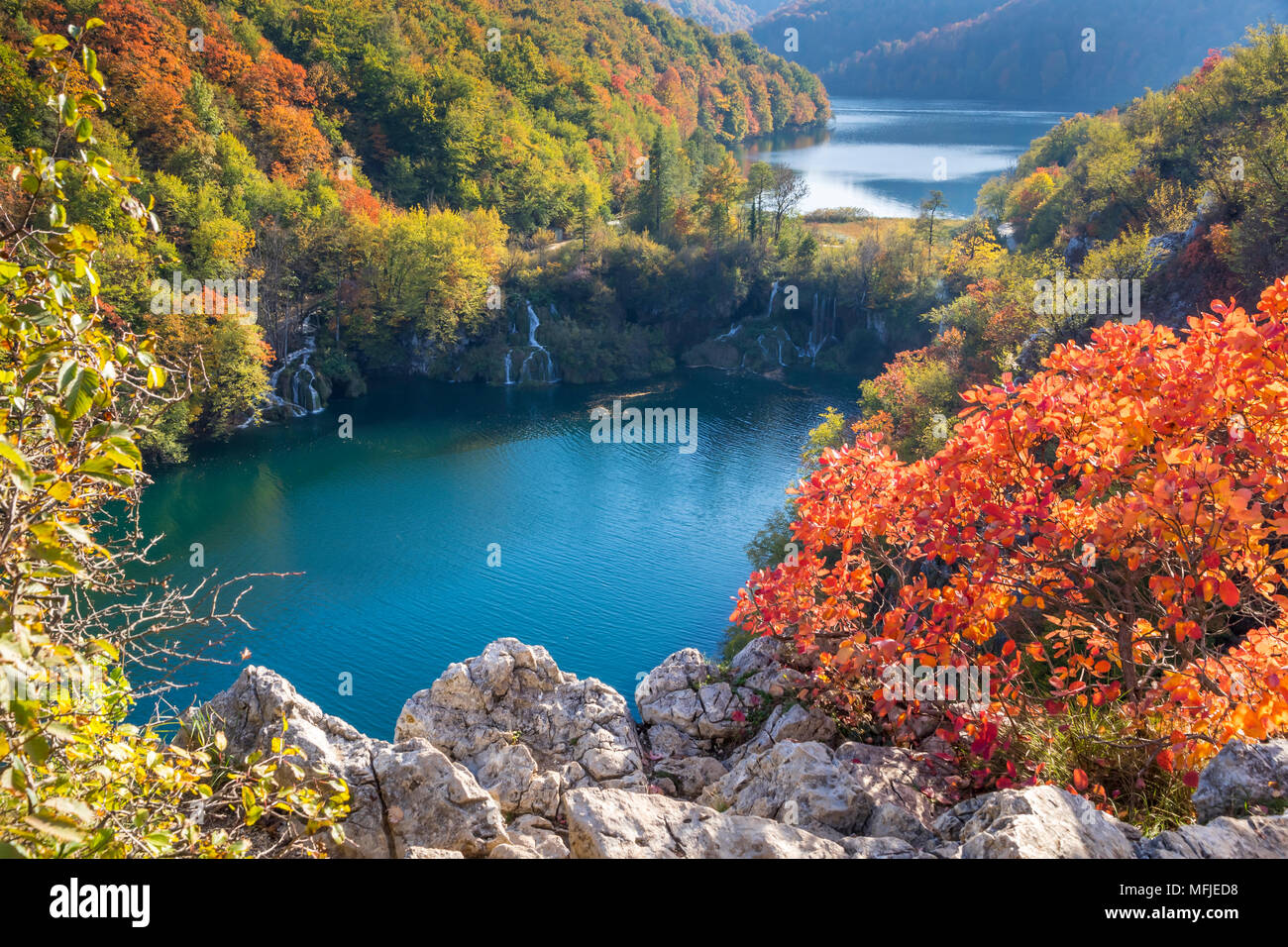 Elevated view from a lookout over the Lower Lakes inside Plitvice Lakes National Park, UNESCO World Heritage Site, Croatia, Europe Stock Photo