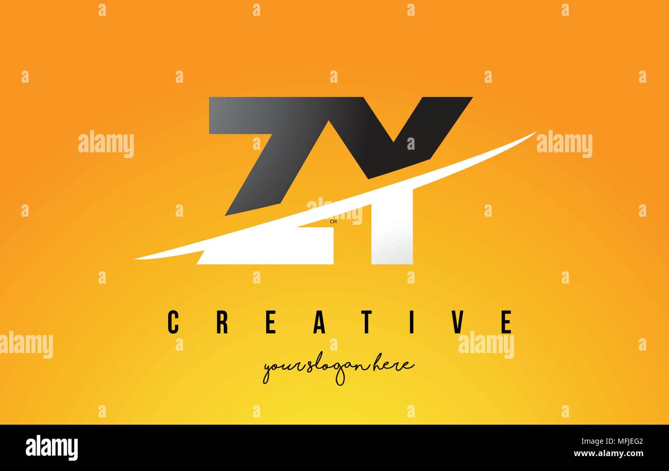 ZY Z Y Letter Modern Logo Design with Swoosh Cutting the Middle Letters and Yellow Background